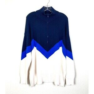 Lou & Grey Women's 1/2 Zip Sweater Size XL Blue White Color Block Cotton Slits
